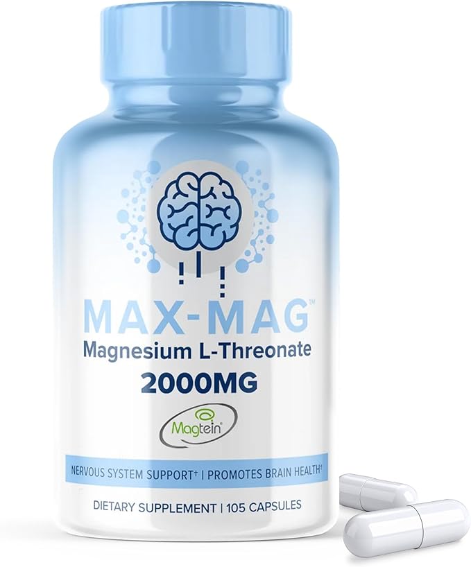 Max-Mag Magnesium L-Threonate Supplement - 105 Capsules Made in USA- Magtein 2000mg Complex with Vitamin D3 and K2 for Sleep Mood &amp Brain Magnesium L Threonate Capsules Nutrition by MaxLife Natur
