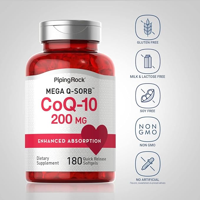 Piping Rock CoQ10 200mg | 180 Softgel Capsules | Supplement for Women and Men | Enhanced Absorption with Black Pepper Extract | Non-GMO Gluten Free