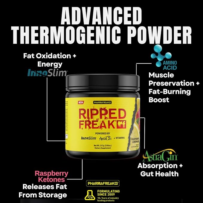 Pharmafreak Ripped Freak Fat Burner Powder – Maximum Strength Thermogenic Formula for Men &amp Women | Energy Focus &amp Weight Loss Support | Raspberry Lemonade | 217g