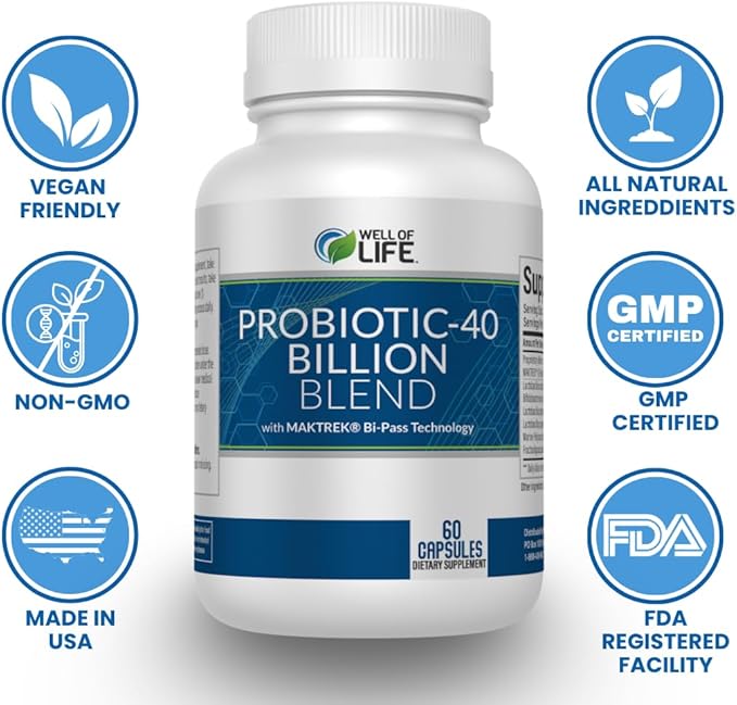 Well of Life Probiotic-40 Billion: Helps Gut Health &amp Digestive Support. 4 Strain Blend 40 Billion CFU. Enhances Nutrient Absorption Metabolism. 60 Capsules. Non-GMO Made in USA.