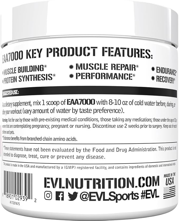 Evlution Nutrition EAA7000 - Pre &amp Post Workout Powder - Muscle Building + Recovery Supplement - 7g Essential Amino Acids + 5g BCAAs - Endurance + Energy Support - 30 Servings - Watermelon Splash