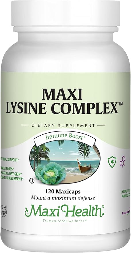 Maxi Health Lysine Complex with Probiotics - L-Lysine 1000mg for Protein Synthesis Canker Sores and Skin – 60 Capsules