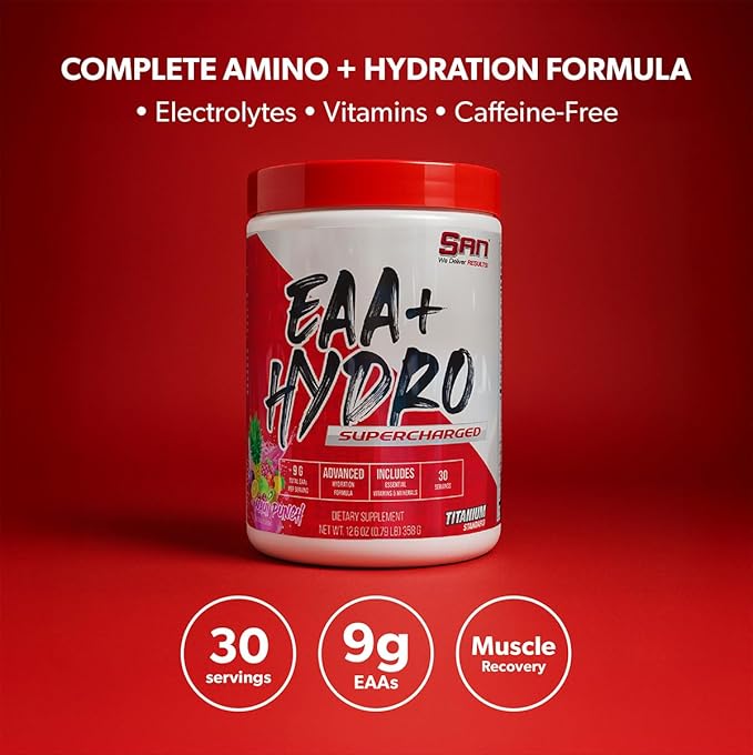SAN EAA Hydration | EAAs + BCAA| Muscle Recovery &amp Intra | 9G Essential Amino Acids + Electrolytes | Maui Punch 30 Serving
