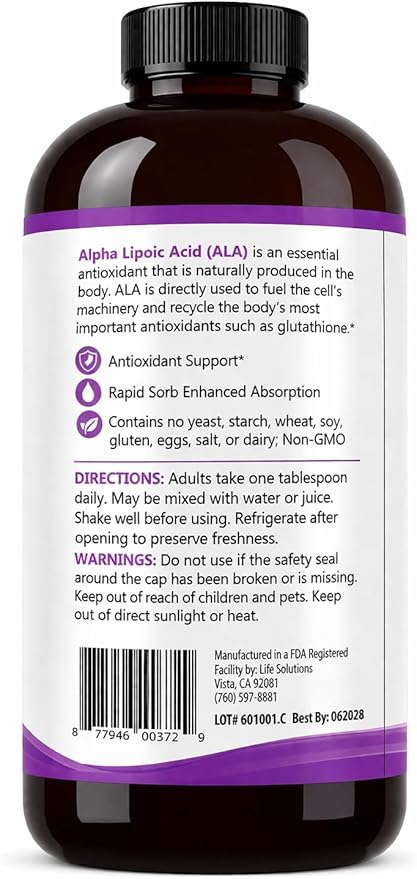 Life Solutions Liquid Alpha Lipoic Acid Supplement 50 mg – Antioxidant Support for Nervous System Function &amp Cellular Energy Metabolism – Easy-to-Take Liquid – 16 oz Bottle