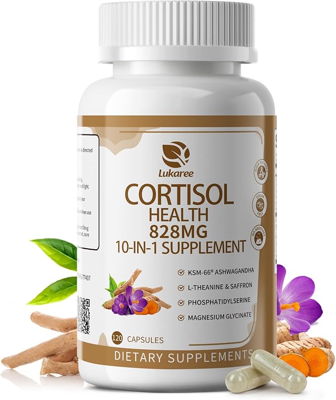 10-IN-1 Cortisol Supplements w/ KSM-66® Ashwagandha 300mg + L-Theanine 250mg Magnesium Glycinate Saffron Phosphatidylserine Turmeric &amp Vitamin C D3 B6 B5 For Women Men 120 Capsules 60-Day Su