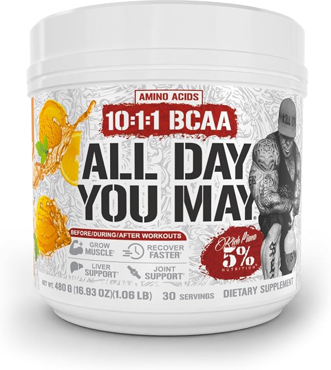 5% Nutrition Rich Piana AllDayYouMay BCAA Powder | Premium Intra &amp Post Workout Amino Acids Hydration Endurance Muscle Recovery Joint &amp Liver Support | 15.87 oz 30 Servings (Push Pop)