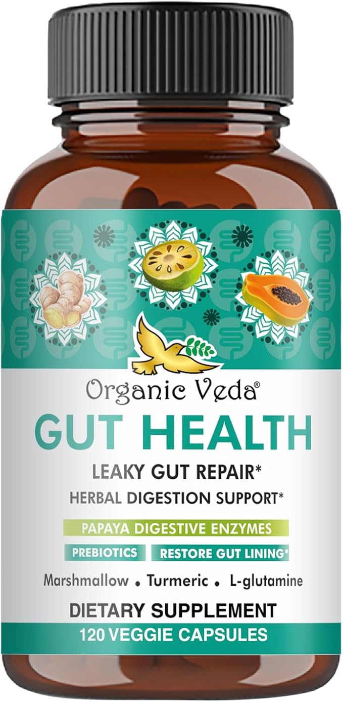 Organic Veda Marshmallow Turmeric Gut Supplement - Digestion Health Leaky Gut Repair &amp Cleanse Support - Papaya Digestive Enzymes Prebiotics L-Glutamine Green Banana Psyllium Husk - 120 Capsu