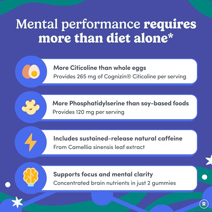 FIRST DAY Men’s Daily Nootropic Brain Supplement Gummies for Focus Memory &amp Mental Energy | with Cognizin® Citicoline Phosphatidylserine &amp Natural Caffeine | Vegan Allergen-Free | 30-Day Su