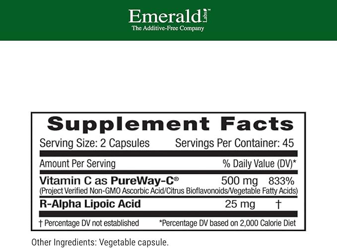 EMERALD LABS PureWay-C - Liver &amp Immune Support Supplement with R-Alpha Lipoic Acid* - Fast-Absorbing Vitamin C - 90 Vegetable Capsules (45-Day Supply)