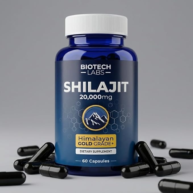 Biotech Labs Shilajit 20000mg – Gold Grade Himalayan Extract | High Fulvic Acid 85+ Trace Minerals | Energy Vitality &amp Testosterone Support | Men’s Wellness &amp Performance | 60 Capsules