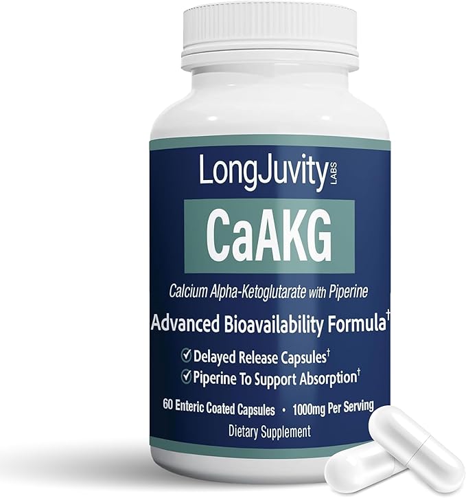 LongJuvity Calcium Alpha-Ketoglutarate Time Release AKG Supplement (1000mg Per Serving) - Gut Health Bone Health Anti Aging &amp Longevity - Independently Lab Tested (60 Enteric Coated Capsules)