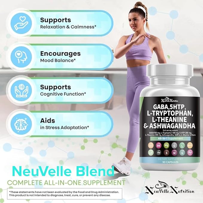 GABA Pills with 5-HTP Extract L-Tryptophan L-Theanine Ashwagandha Vitamins D3 B6 Magnesium L-Tyrosine L-Glycine Sam-e &amp Black Pepper Mood Support Supplement