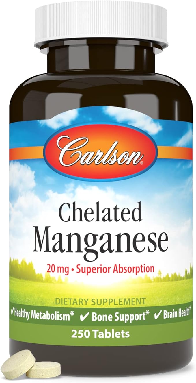 Carlson - Chelated Manganese 20 mg - Superior Absorption Healthy Metabolism Bone Support &amp Brain Health 250 Tablets