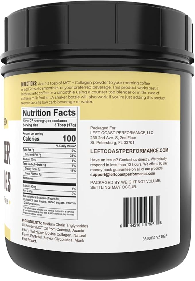 MCT Oil Powder with Acacia Fiber &amp Collagen Peptides – Prebiotic Collagen Protein 10g MCTs from Coconuts Sugar Free Keto Coffee Creamer – Grass Fed Vanilla Flavor Non-GMO Gluten Free 16 oz