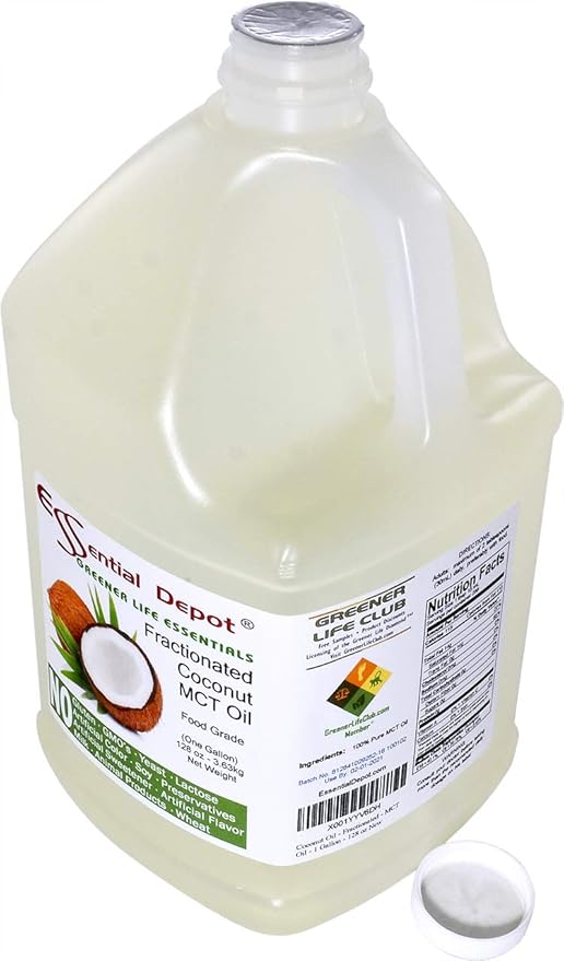 Coconut Oil - Fractionated - MCT (medium-chain triglycerides) - 2 x 1-Gallon (256 oz) - liquid - Food Grade - Safety Sealed Resealable HDPE Container Microwave Safe (remove foil seal) Freezer Safe