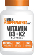 BulkSupplements.com Vitamin D3 + K2 10000 IU Softgels - K2 D3 Vitamin Supplement for Immune Health - Gluten Free 1 Softgel per Serving 360 Count (Pack of 1)