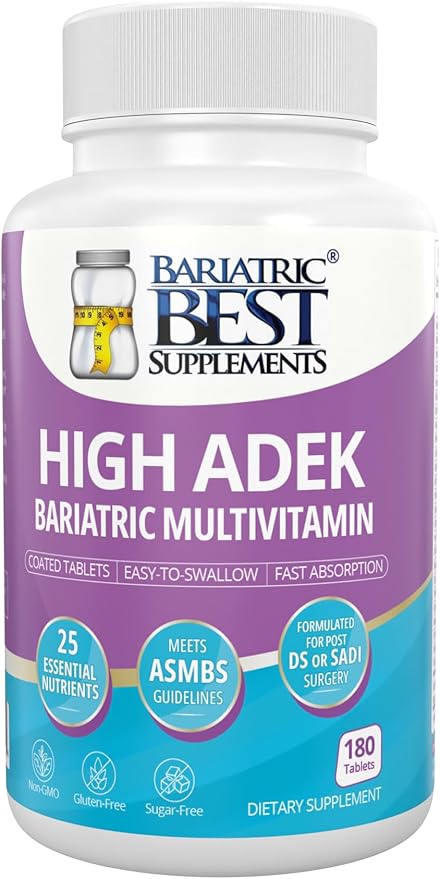 High ADEK Bariatric Multivitamin | DS SADI &amp BPD/DS Surgery | Fat-Soluble Vitamins A D E K | 25 Essential Nutrients | ASMBS Compliant | Made in USA | 180 Tablets — 3 Month Supply