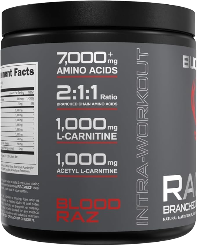 Bucked Up- BCAA RACKED™ Branch Chained Amino Acids | L-Carnitine Acetyl L-Carnitine GBB | Post Workout Recovery Protein Synthesis Lean Muscle BCAAs That You Can Feel! 30 Servings (Blood Raz)