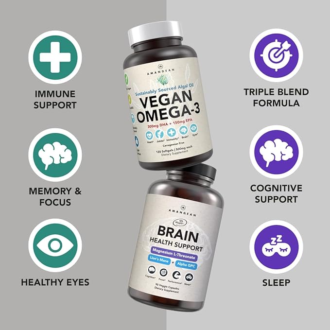 AMANDEAN Brain &amp Vegan Omega-3 Bundle: Magnesium Threonate USA-Grown Lion’s Mane 6:1 Alpha-GPC &amp Algae DHA/EPA. Plant-Based Essential fats for Brain Eye Heart &amp Skin Health. Fish Oil A
