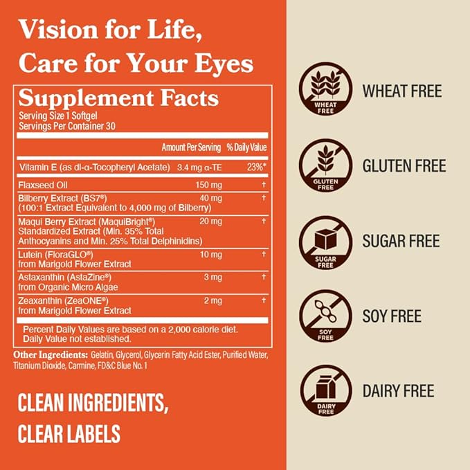 DAIKEN Lutein and Zeaxanthin Supplements AREDS 2 Inspired Formula with Astaxanthin Maqui Berry Bilberry Flaxseed Oil &amp Vitamin E 30 Softgels
