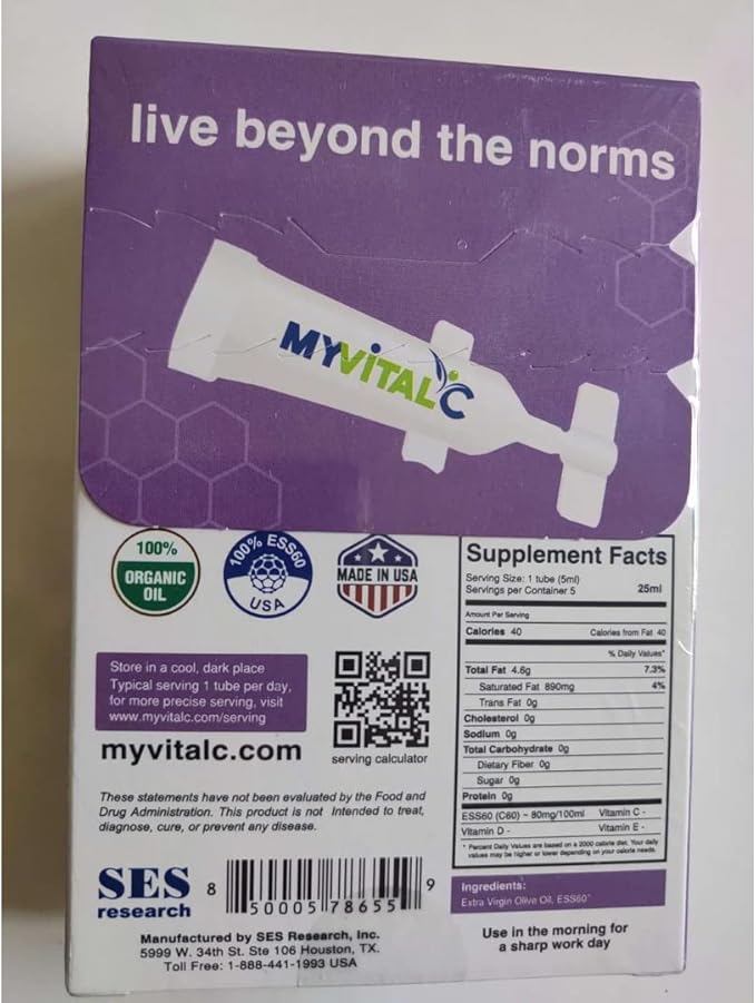 MyVitalC Pure ESS60 in Organic Extra Virgin Olive Oil | Focus and Energy Supplement for Nootropic Antioxidant Anti-Aging Focus Longevity &amp Immunity | 10 Day Supply 5ml Each
