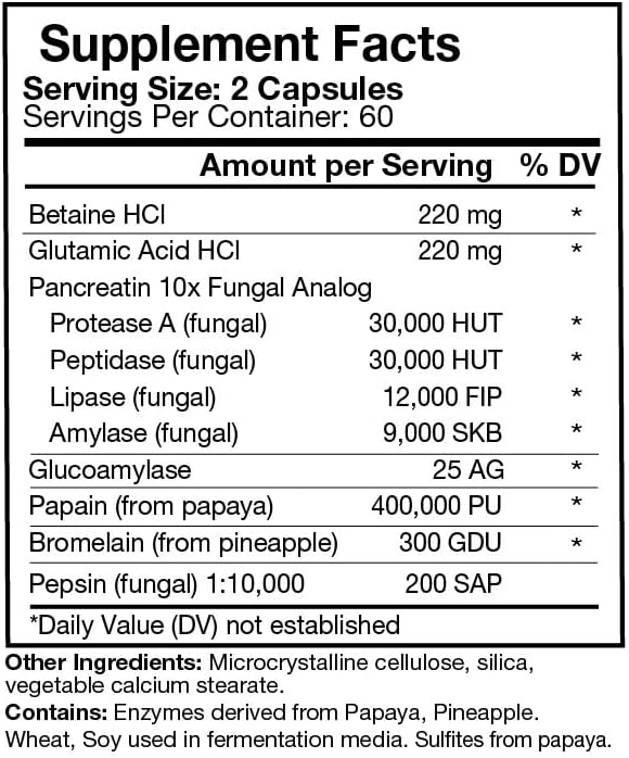 DiAcid Stim - Betaine Hydrochloride Acid + Digestive Enzyme Supplement - Supports Healthy Digestion of Protein Fat Carbs &amp Dairy – Relief from Occasional Gas &amp Bloating - 120 Capsules
