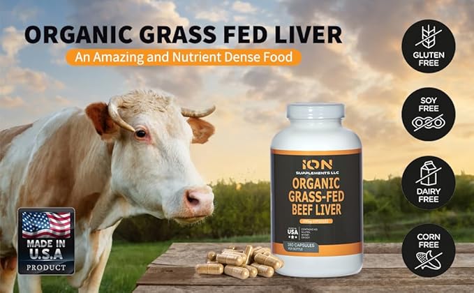 100% Organic Grass Fed Beef Liver Capsules (180 Caps) - Pasture Raised - Iron Vitamin A B Collagen - Promotes Energy Detoxification Whole Body Wellness - Ancestral Paleo Living - Ion Supplements