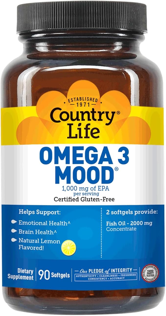 Country Life Omega 3 Mood – 2000mg Fish Oil with EPA &amp DHA – Brain Heart &amp Mood Support – Lemon Flavored No Fishy Aftertaste – Certified Gluten Free Non-GMO – 90 Softgels