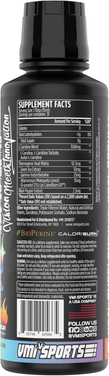 VMI Sports L-Carnitine 1500 Heat Liquid Enhanced Thermogenic | 1500 mg Carnitine | Maximum Absorption Formula | Great Taste for Men &amp Women | 31 Servings (Gummy Bear)