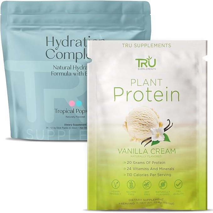 TRU Supplements Hydration Complete BCAA Tropical Popsicle + Plant Based Protein Powder Vanilla Bundle – Electrolytes L-Carnitine &amp Vegan Protein for Muscle Recovery Energy &amp Performance