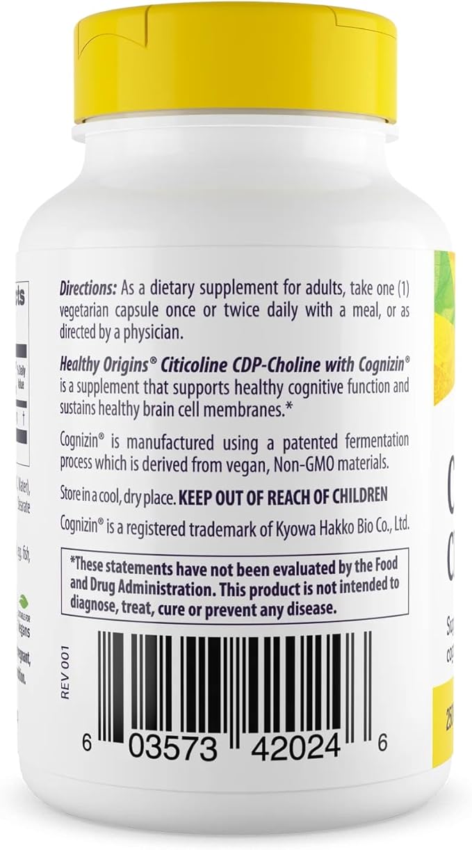 Healthy Origins Cognizin (Citicoline) 250 mg - Brain Supplement for Memory with Citicoline CDP Choline - Non-GMO Vegan &amp Gluten-Free Supplement - 60 Veggie Capsules