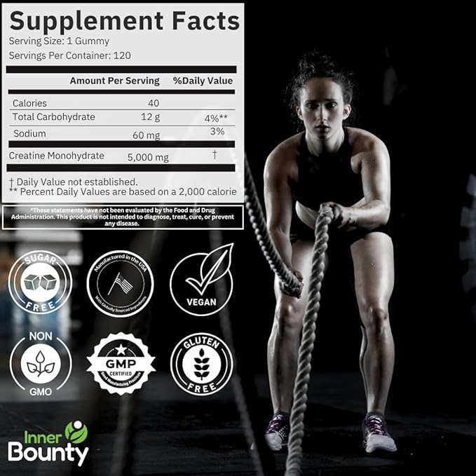 Sugar Free Creatine Monohydrate Gummies 5g Natural Sour Green Apple - 120 Vegan Chews for Men and Women. Cognition and Muscle Support Cellular Energy - Non-GMO &amp Gluten-Free