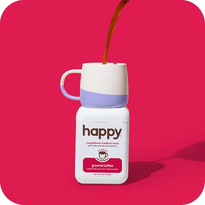 happy coffee medium roast ground coffee 12 oz. notes of berries &amp optimism recyclable container grown &amp harvested in Brazil &amp Colombia raíz sustainability verified (Pack of 2)