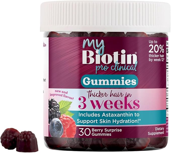 Purity Products MyBiotin ProClinical Gummies - Thicker Hair Starting in 3 Weeks &amp Fights Wrinkles - MB40X Biotin Matrix w/Astaxanthin - 40X More Soluble vs Ordinary Biotin 30 Berry Gummy Chews