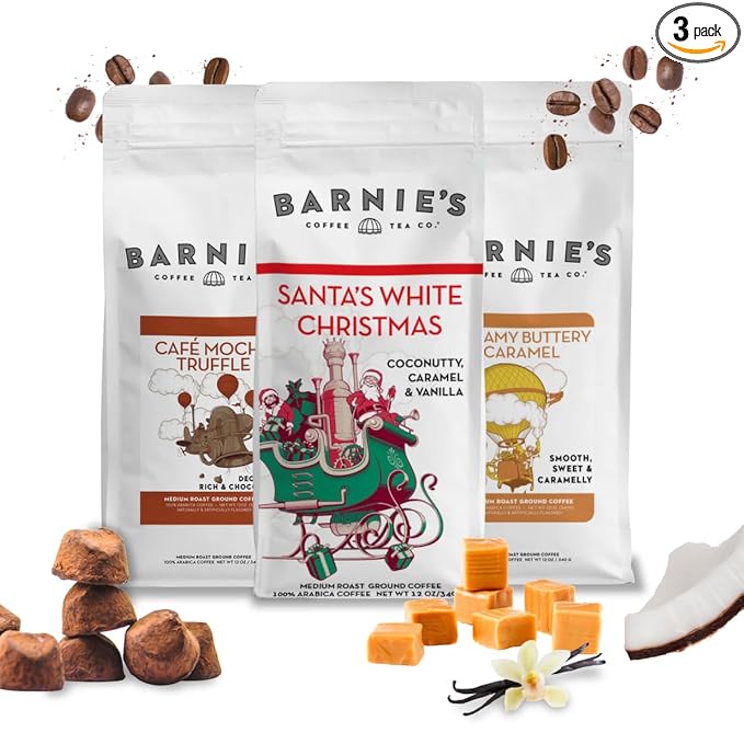 Barnie's Premium Flavor Coffee Trio with Santa's White Christmas Creamy Buttery Caramel and Café Mocha Truffle Medium Roasted Arabica Beans 12 oz Bag (Pack of 3)