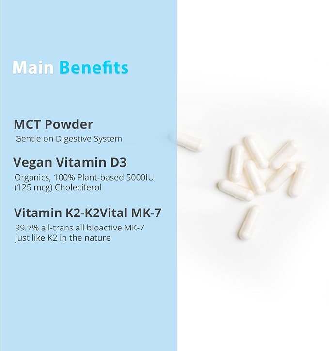 Vitamin D3 K2 with MCT 5000 IU Vegan D3 &amp 100 mcg MK7 K2 Support Strong Bones and Immune Health - 60 Capsules (60 Days Supply)