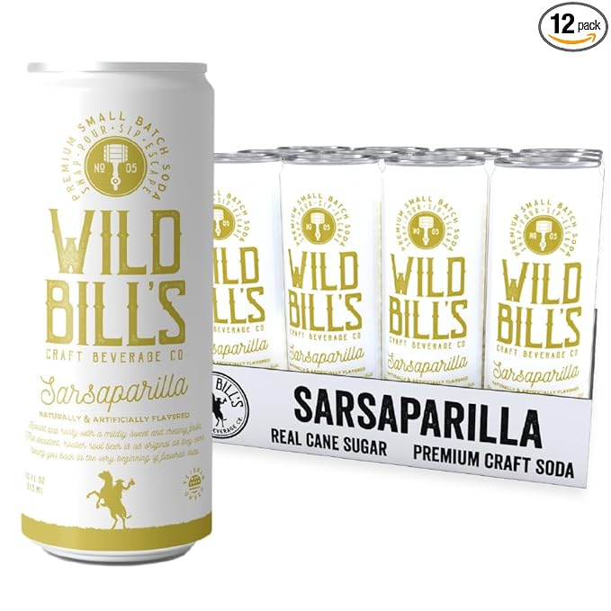 Wild Bill's Sarsaparilla Root Beer Soda Classic Craft Soda Pop Soft Drinks Sodas Made with Pure Cane Sugar Caffeine Free NO High Fructose Corn Syrup Gluten Free Vegan Low Sodium 12 Oz 12 Pack