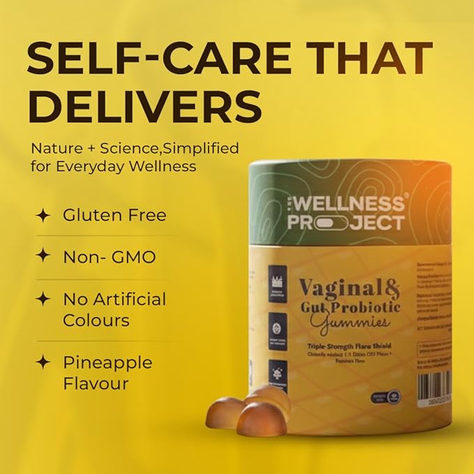 The Wellness Project Vaginal &amp Gut Probiotic + Prebiotic Gummies| Triple-Strength Clinically Studied Probiotics for Flora Odor &amp pH Balance | No Added Sugars | Delicious Pineapple Flavor (Pac