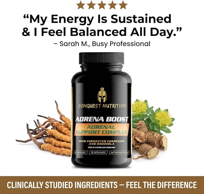 Adrena Boost Adrenal Support Complex - Help Maintain Healthy Energy &amp Stress Levels. Cordyceps Eleuthero Rhodiola Chlorella Burdock Bromelain Japanese Knotwood - 60 Veggie Capsules