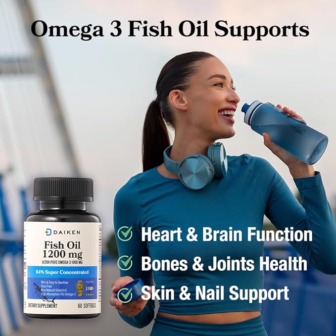 DAIKEN Mini Fish Oil 1200 mg rTG Omega 3 1000mg 60 Softgels High Absorption &amp Burpless Fish Oil for Healthy Heart Brain and Dry Eyes Support