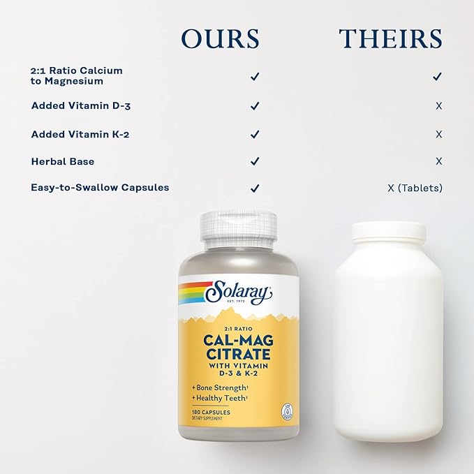 SOLARAY Calcium Magnesium Citrate w/Vitamin D3 K2 - Calcium Supplements for Women and Men - Bone and Heart Health Support - Cal Mag 2:1 Ratio Plus Vitamin D 3 and K2 60-Day Guarantee 30 Servings