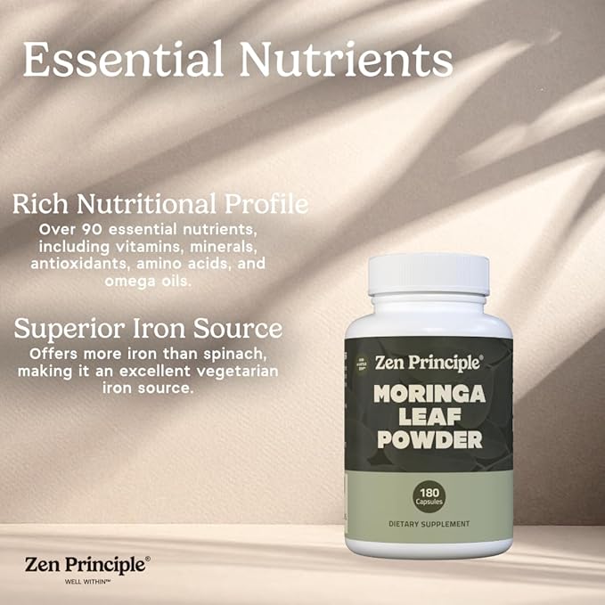 Zen Principle Organic Moringa Oleifera. Ultra-Premium. Provides an All Natural Energy Boost and Multi-Vitamin. A Raw Superfood Vegan No GMO and Gluten Free. 360 Capsules.