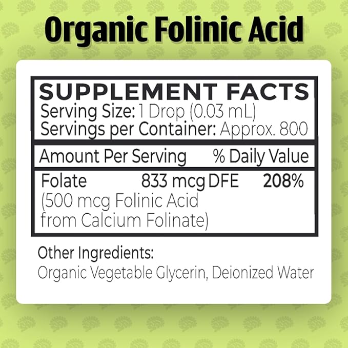 Dr. Green Mom USDA Organic Folinic Acid Drops - 500 mcg per Drop | Methylation Support B9 Supplements for Kids &amp Adults | Supports Neurological Function Nervous System Health &amp DNA Synthesis