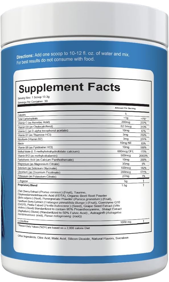 L-Arginine 5000mg &amp L-Citrulline 1000mg Combo+® - Cherry 30 Servings 390g Nitric Oxide Booster Drink Mix Powder - CoQ10 &amp Organic Beet Root - High Potency Heart &amp Circulation Support USA