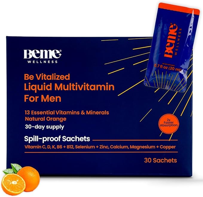 BeMe Liquid Multivitamins for Men - Advanced Liquid Delivery System with 13 Vitamins &amp Minerals - Tear &amp Go Sachets Non-GMO Orange Flavor (30 Sachets)