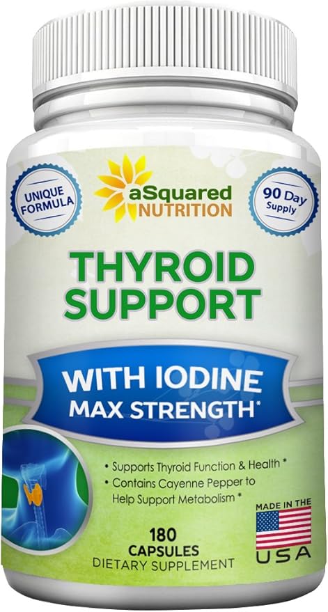 aSquared Nutrition Premium Thyroid Support Supplement with Iodine (180 Capsules) - Best Herbal &amp Vitamin Complex Pills w/ B12 Ashwagandha Bladderwrack &amp Kelp - Helper for Healthy Hormone &am