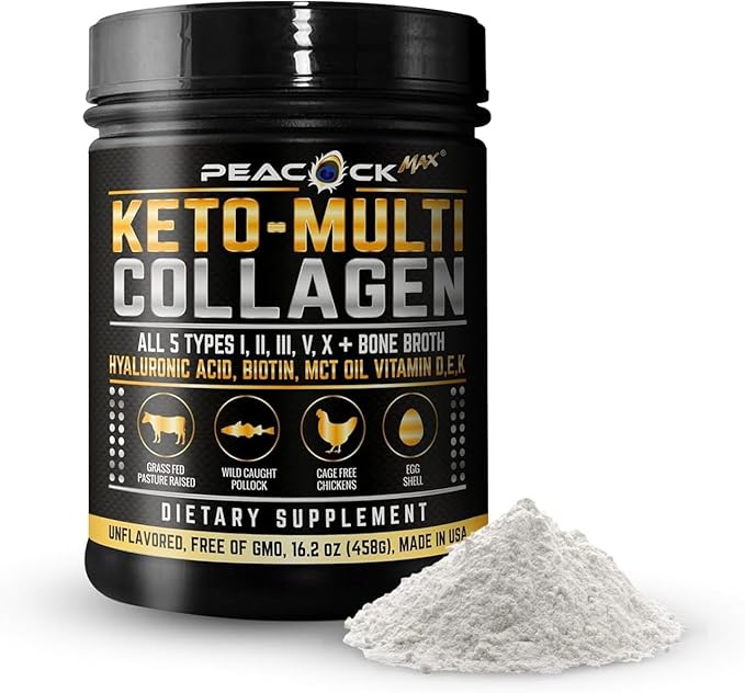 Keto Multi Collagen Peptides 16.2 oz - Bone Broth Protein Powder with 5 Types Hydrolyzed Collagen MCT Oil &amp Biotin for Skin Joints Hair &amp Nails Unflavored Collagen Powder