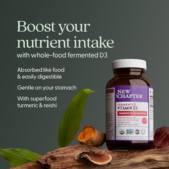 New Chapter Fermented Vitamin D3 2000 IU Organic ONE Daily for Immune Heart &amp Bone Support + Whole-Food Turmeric Adaptogenic Reishi Mushroom 100% Vegetarian Gluten Free 90 Count