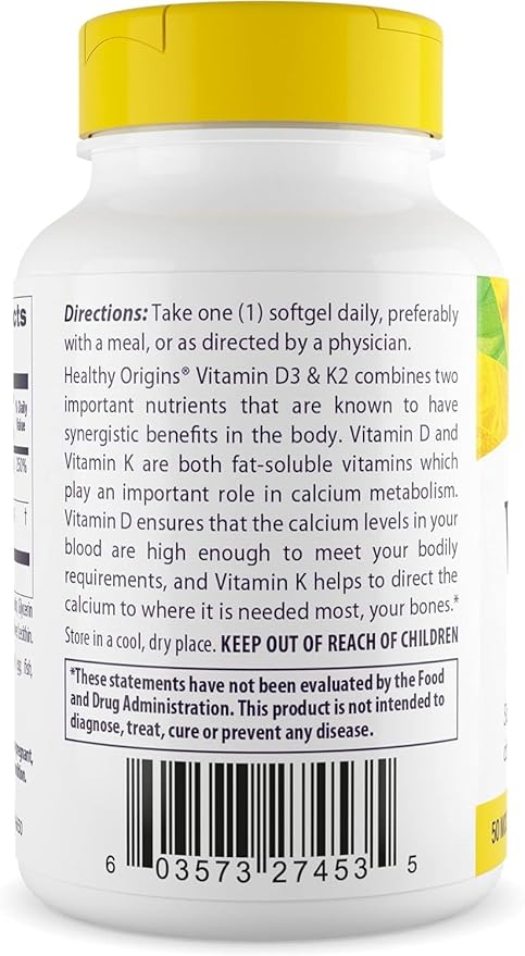 Healthy Origins Vitamin D3 2000 IU (50 mcg) &amp Vitamin K2 200 mcg (MK-7) 180 Liquid Softgels - High Potency Synergy for Calcium Absorption
