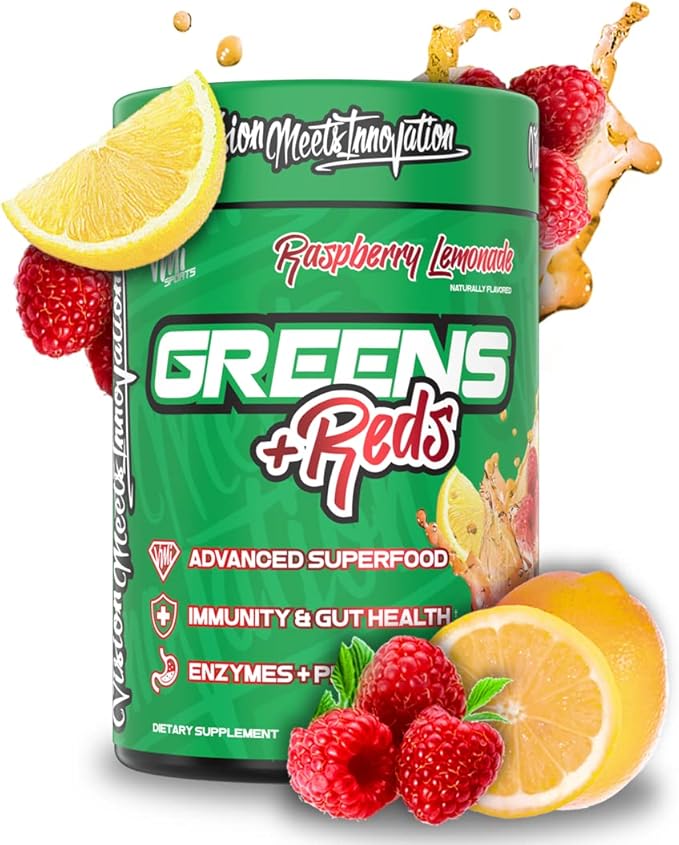 VMI Sports Greens + Reds Advanced Superfood Immunity and Gut Health | Enzymes &amp Probiotics | 30 Servings (Raspberry Lemonade)